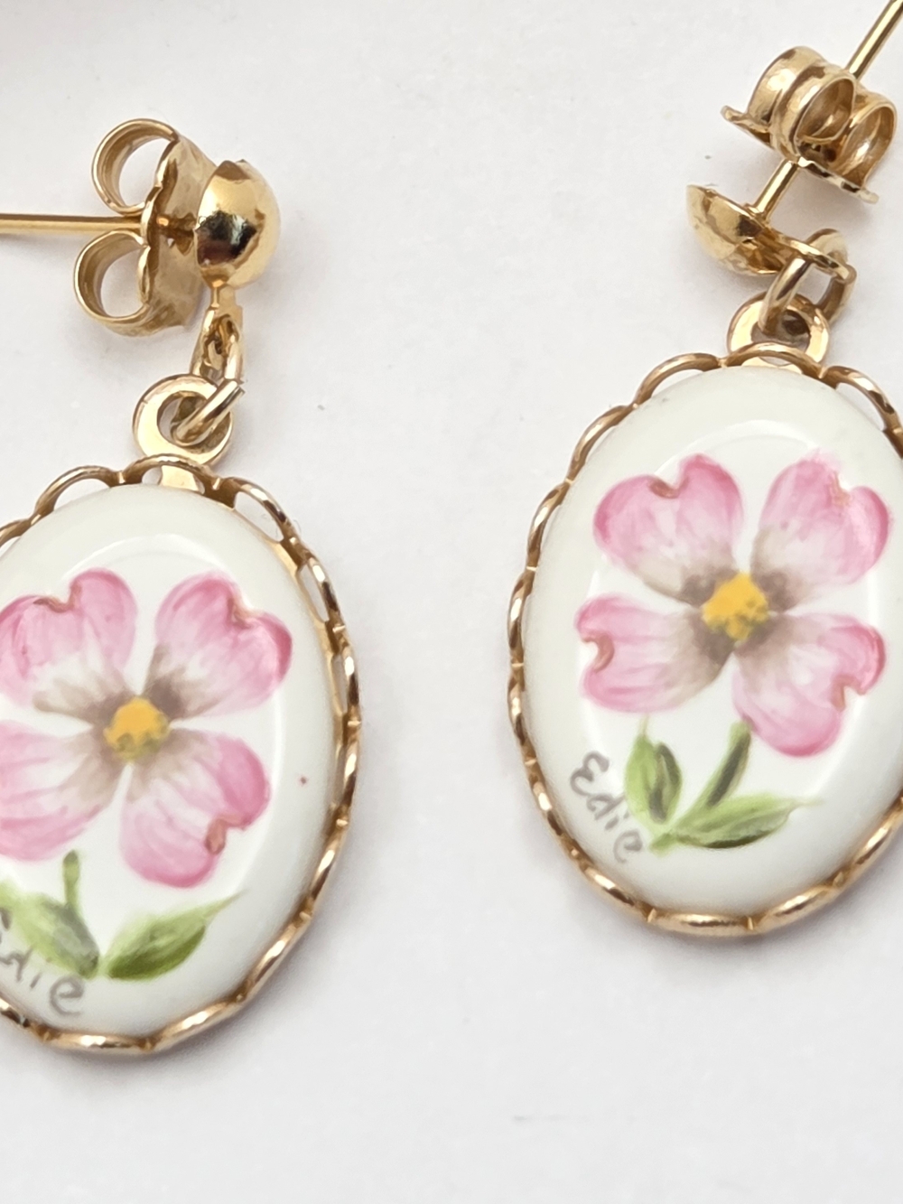 Vintage Hand Painted Porcelain Pink Dogwood Flower Drop Earrings Signed Edie